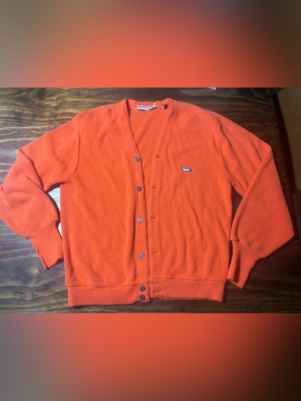 Vintage 60s 70s IZOD Lacoste Orange Cardigan Men’s M Orlon Crocodile